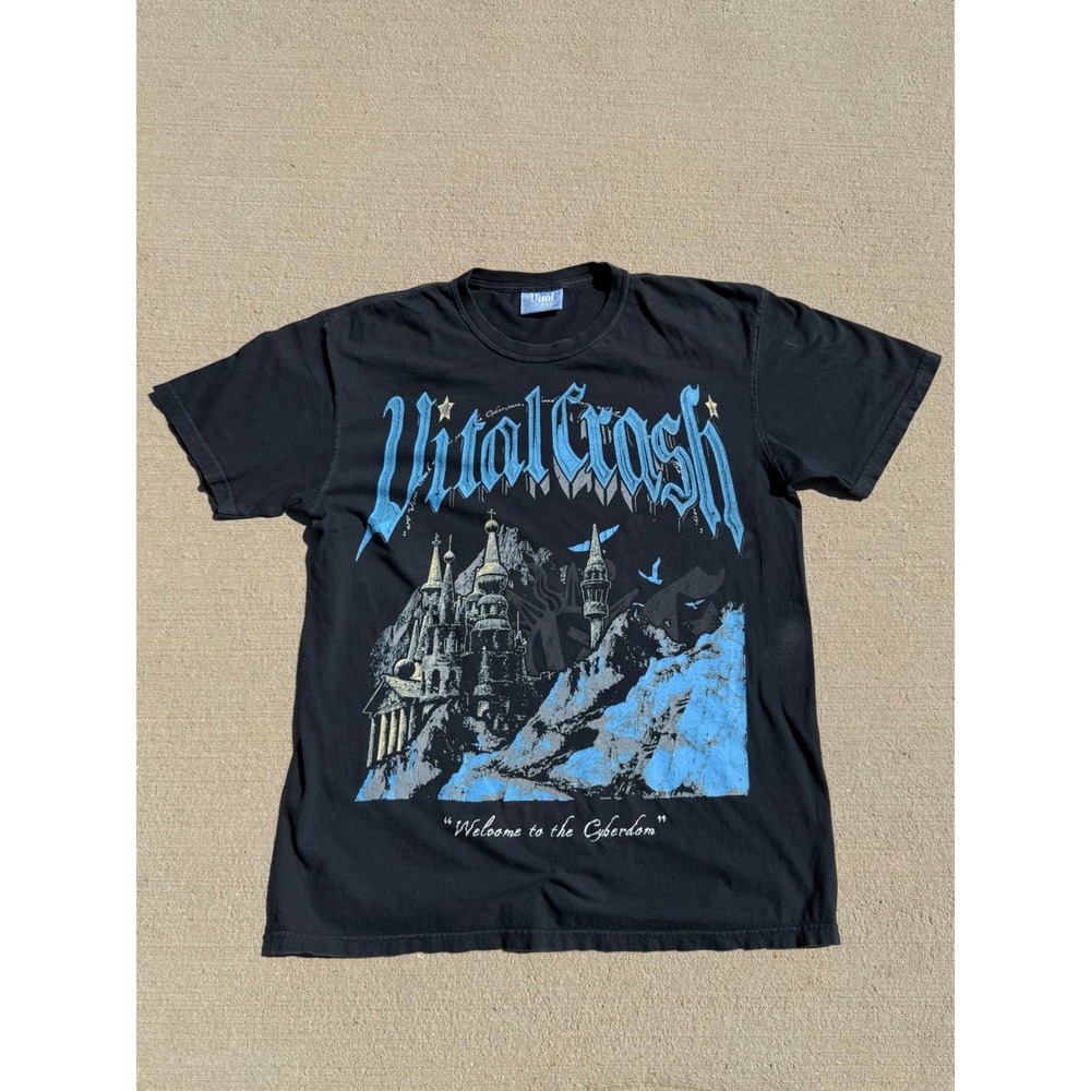 Y2K Vital Crash Welcome to the Cyberdom Graphic T-Shirt Mens Black Blue Castle